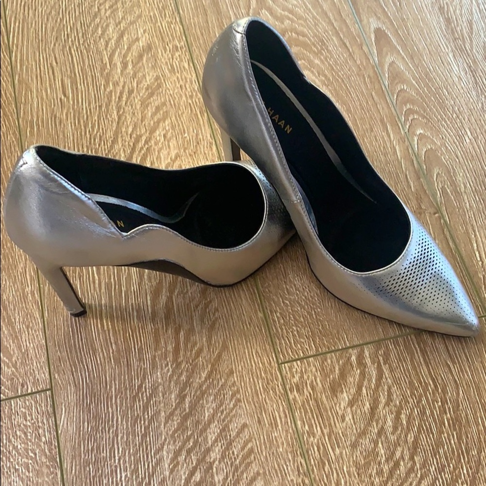 Cole Haan leather silver heels.